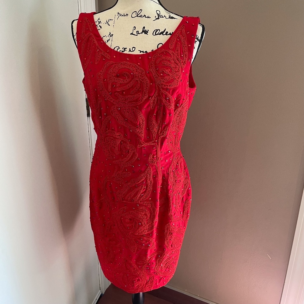 Vintage Carmen Marc Valvo red wool crepe beaded dress